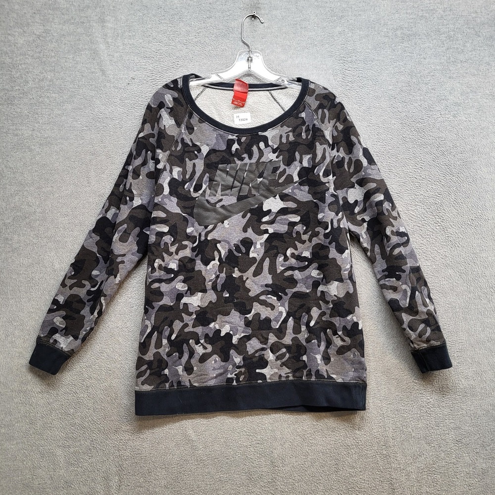 Nike Women Sweatshirt Medium Gray‎ Camo Logo Rally AOP Scoop Neck Pullover